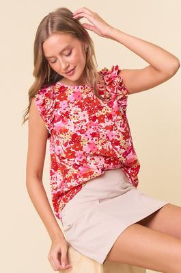 Floral Print Round Neck Ruffled Cap Sleeve 
