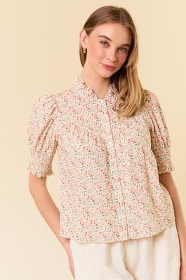 Cotton Floral Ruffle Collar Button-Down Shirt