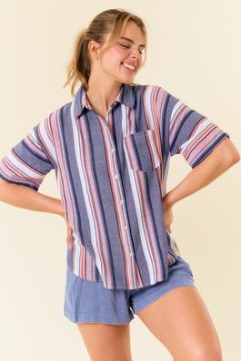 Multi Stripe Point Collar Short Sleeve Shirt