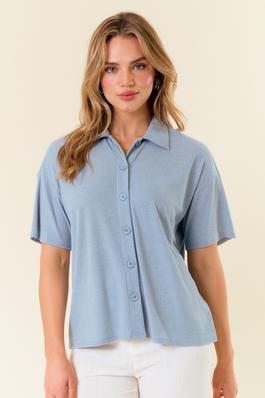 Cozy Rib Collared Short Sleeve Button-Down Top