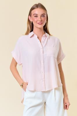 Collared  Short Sleeve Button-Down Oversized Top 