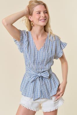 PLAID V-NECK SHORT SLEEVE W/ FRONT TIE 