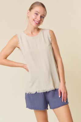 LINEN BLEND ROUND NECK SLEEVELESS FRAY WASHED TOP
