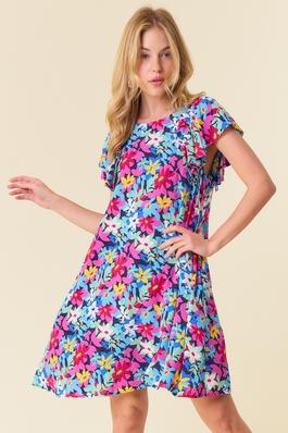 FLORAL PRINT FLUTTER SHORT SLEEVE MINI DRESS