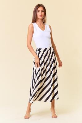 Diagonal Stripe Midi Skirt W/Elastic Back Waist 