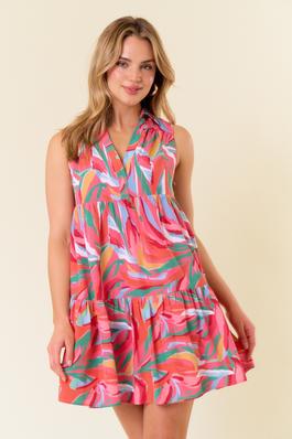 Abstract Printed Split V-Neck Sleeveless Dress