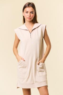 Zip-Front Cap Sleeve Mini Dress W/ Front Pockets