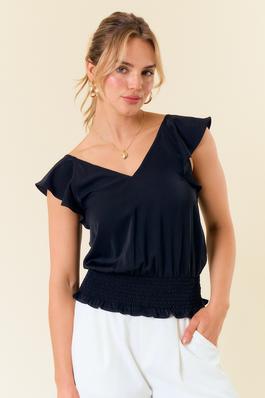 V-NECK RUFFLE TOP WITH SMOCKING BAND 