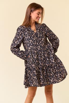 Cotton Floral Print Long Sleeve Tiered Mini Dress 
