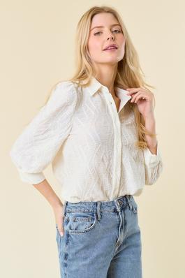 Embo Textured 3/4 Sleeve Button-Down Shirt Blouse
