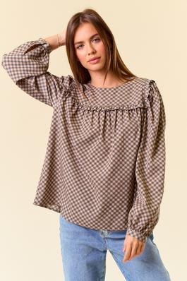 Round Neck Puff Long Sleeve Plaid Blouse