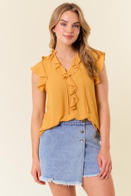 RUFFLE V-NECK TOP WITH FLUTTER SLEEVE