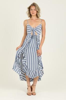 STRIPED TIE FRONT DOUBLE SLIT RUFFLE MAXI DRESS