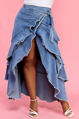 Frayed Hem Ruffled Wrap Denim Midi Skirt