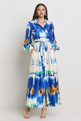 BUTTON FRONT SIDE SLIT AND BELT ATTACHED MAXI SHIRT DRESS
