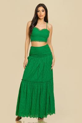 SS501022 SHOULDER TIE EYELET LACE BUSTIER TOP AND MAXI SKIRT SET