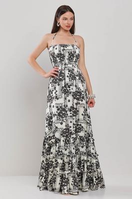 SMOCKING DETAILED FRONT SHOULDER STRAP WITH TRIPLE ELASTIC BACK TIERED MAXI DRESS