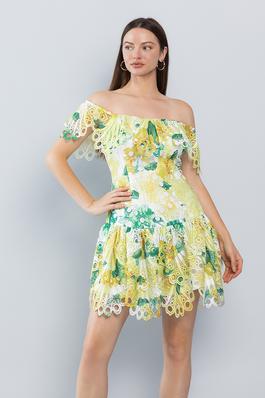 SD306922 OFF SHOULDER PRINTED LACE MINI DRESS