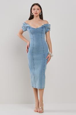 OFF-SHOULDER PLEATED PUFF SLV WITH PEARL EMBELLISHMENT FITED MIDI DENIM DRESS