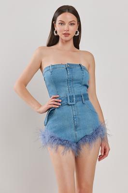 STRETCH DENIM WITH FEATHER TRIMED ROMPER
