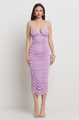SD392422 RUCHED MIDI DRESS WITH ELASTIC SHOULDER STRAP