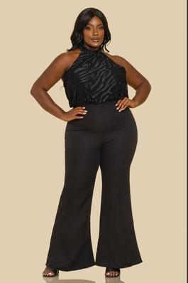 PLUS HALTER NECK SLVLESS STRETCH BURN OUT KNIT CONTRAST WITH SOLID BELL BOTTOM JUMPSUIT