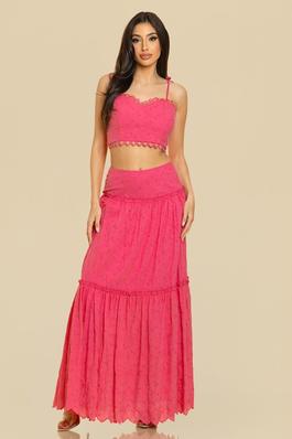 SS501022 SHOULDER TIE EYELET LACE BUSTIER TOP AND MAXI SKIRT SET