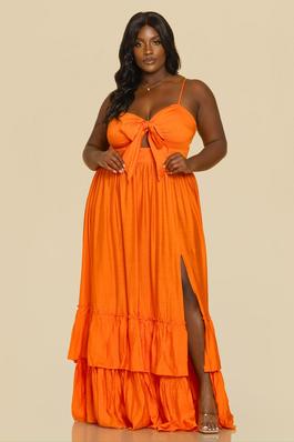 PLUS SOLID RIBBON TIED FRONT DOUBLE TIERED MAXI DRESS