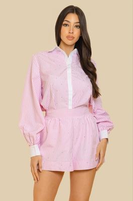 BUTTON DOWN LONG SLEEVE HOT FIX ATTACHED SHORTS SET