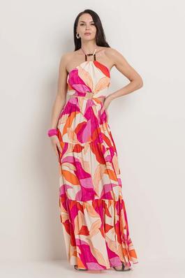 SQUARE RING HALTER NECK SIDE CUTOUT LONG MAXI TIERED DRESS
