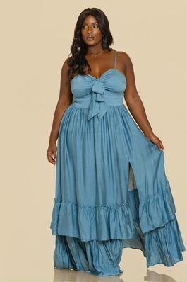 PLUS SOLID RIBBON TIED FRONT DOUBLE TIERED MAXI DRESS