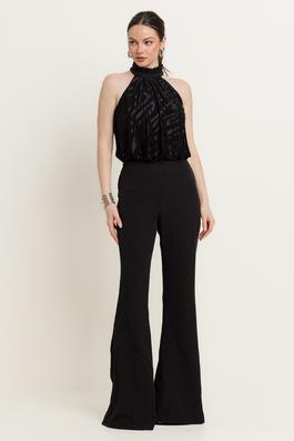 HALTER NECK SLVLESS STRETCH BURN OUT KNIT CONTRAST WITH SOLID BELL BOTTOM JUMPSUIT