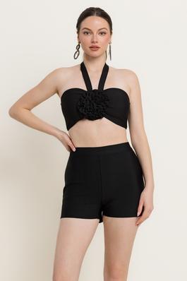 CORSAGE ATTACHED TUBE TOP WITH MATCHING SHORTS SET IN BANDAGE KNIT