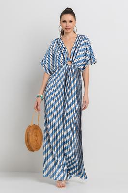 V-NECK W ORING ATTACHED PLEATED STRIPE PRINTED JUMPSUIT