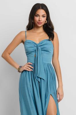 SOLID RIBBON TIED FRONT DOUBLE TIERED MAXI DRESS
