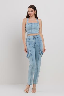 EYELET ATTACHED SLVLESS CROP TOP WITH MATCHING CROP PANTS SET