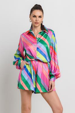 BUTTON DOWN LONG SLV SHIRT WITH MATCHING SHORTS SET IN MULTI COLOR BIAS STRIPE SET