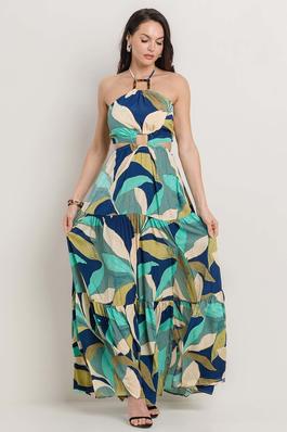 SQUARE RING HALTER NECK SIDE CUTOUT LONG MAXI TIERED DRESS