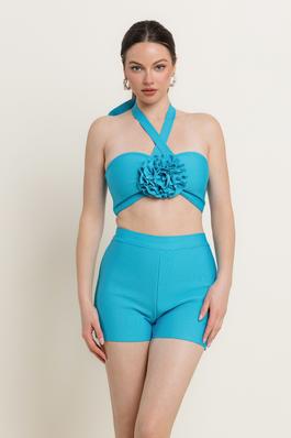 CORSAGE ATTACHED TUBE TOP WITH MATCHING SHORTS SET IN BANDAGE KNIT