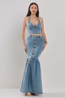 SHOULDER BUCKLE ATTACHED V-NECK CROP TOP WITH MATCHING LONG PRAIRIE SKIRT SET