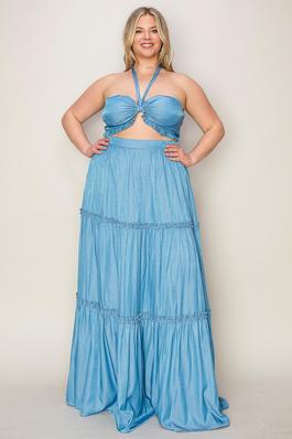 PLUS SWEET HEART NECKLINE CROP TOP WITH MATCHING TIERED MAXI SKIRT