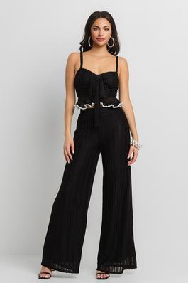 FRONT TIE RUFFLE ATTACHED CROP TOP AND WIDE LEG PANTS SET