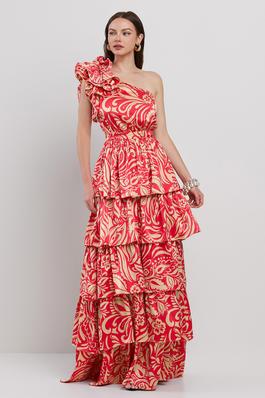 CORSAGE ATTACHED ONE SHOULDER TIERED MAXI DRESS
