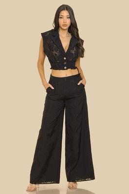 BURN-OUT BUTTON FRONT TOP AND PANTS SET