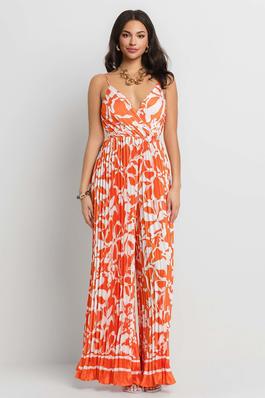 PRINTED V-NECK OPEN BACK PLEATED JUMPSUIT