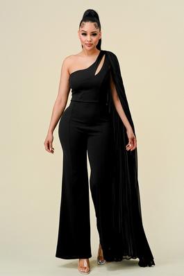 ONE SHOULDER CUT OUT WITH PLEATS LAYER JUMPSUIT