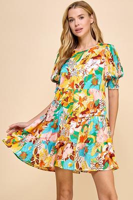 Tropical Printed Smocked Detail Dress