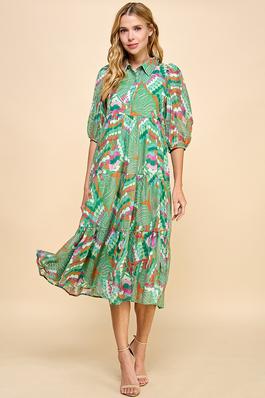 Abstract Printed Tiered Skirt Midi Dress