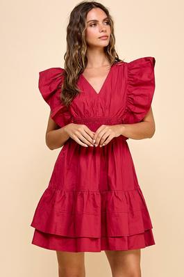 Poplin Ruffle Sleeve V-Neckline Dress