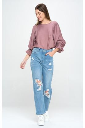 HIGH RISE RIPPED SLIM STRAIGHT JEANS
